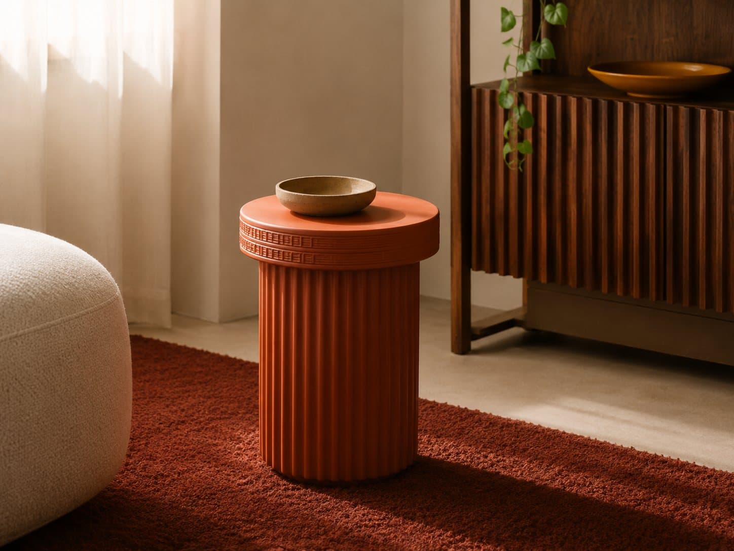 The Barro side table, a fluted terracotta pedestal, beside a walnut cabinet
