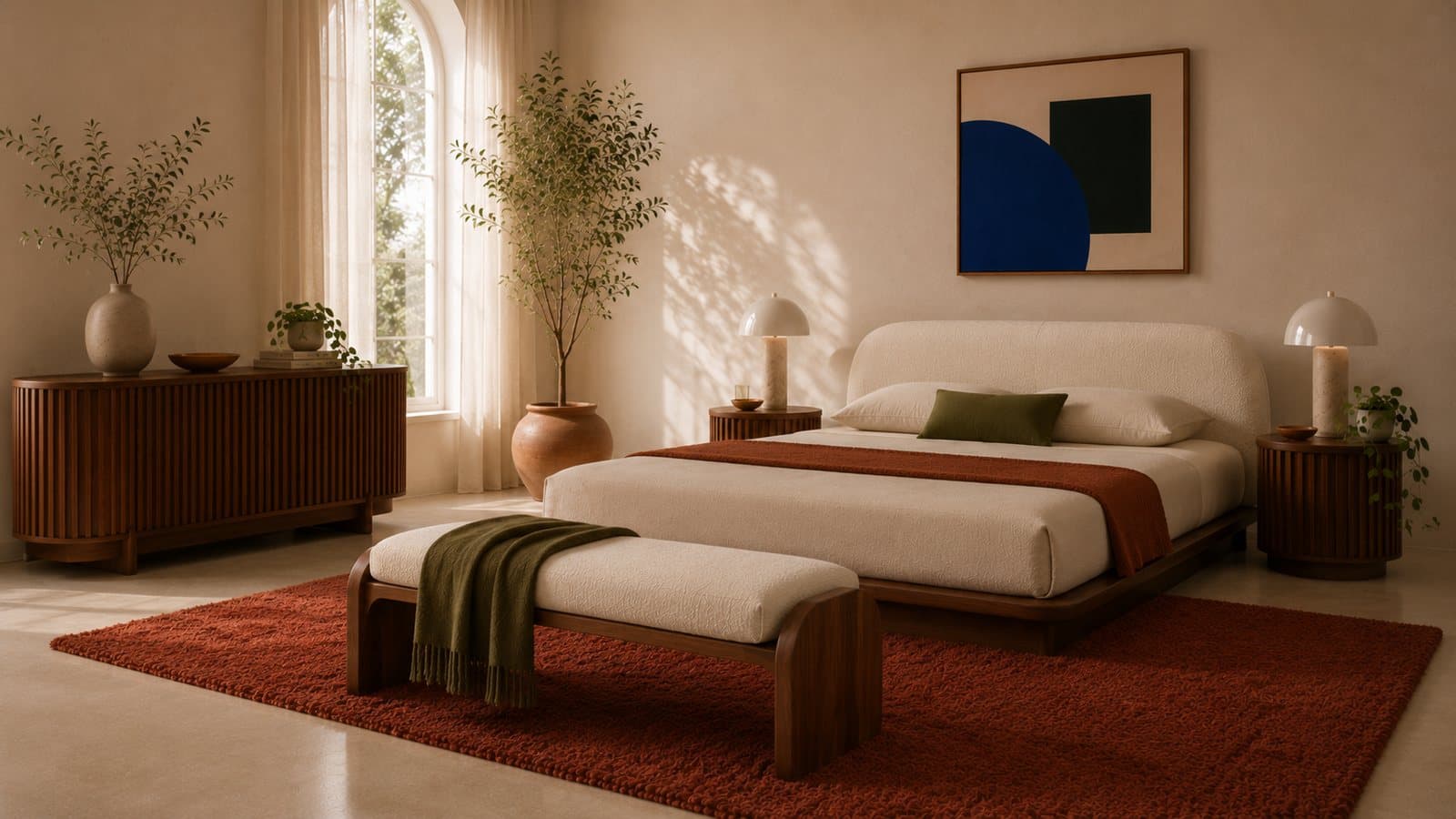 The Reposo platform bed low to the floor with an olive throw folded across it