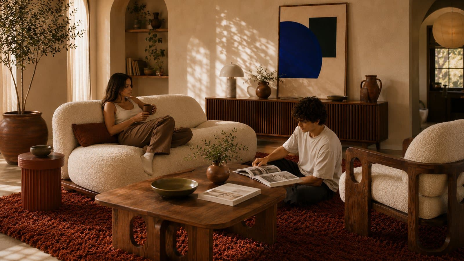 Two people reading on the Duna sofa in a sunlit Sala living room