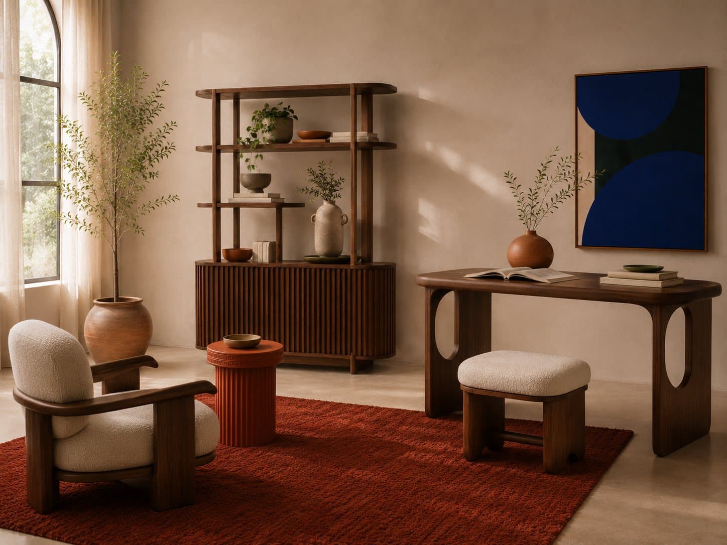A cream bouclé Vela armchair beside a tall fluted-walnut Pilar shelf and terracotta stool