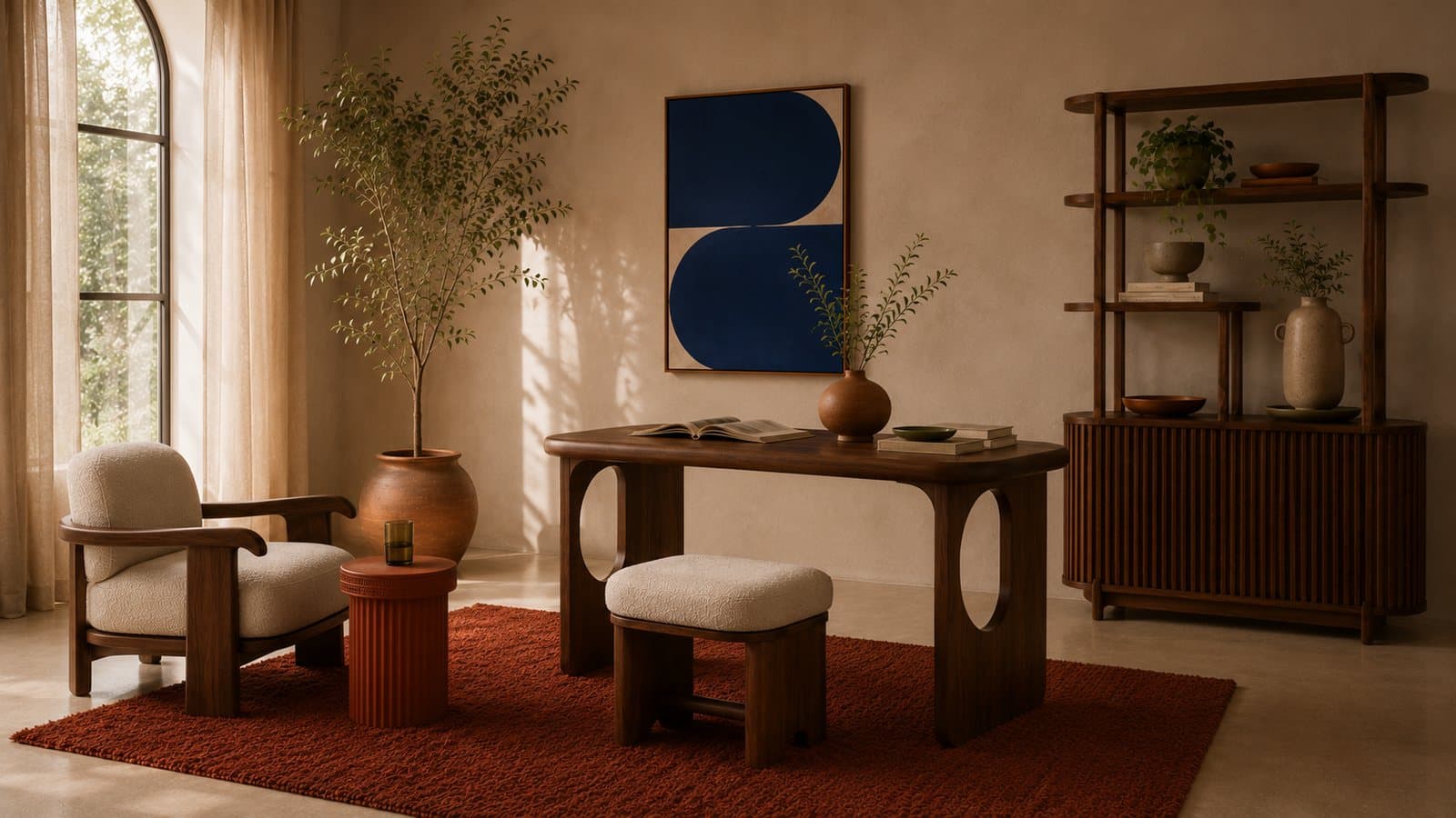 An upholstered Banco bench at the foot of a bed beside a terracotta side table