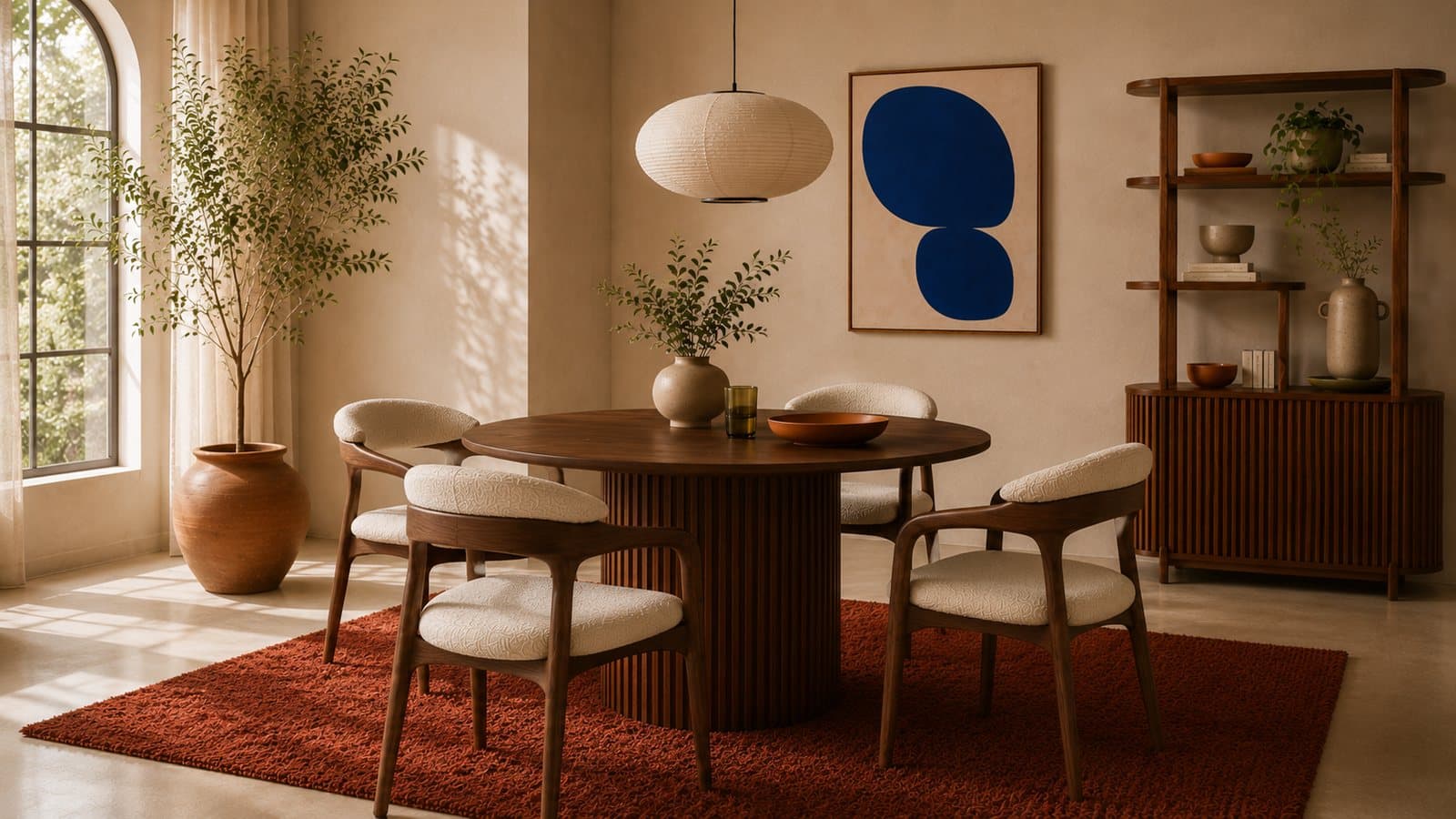 The Comal round dining table in oiled walnut beneath a cobalt abstract canvas