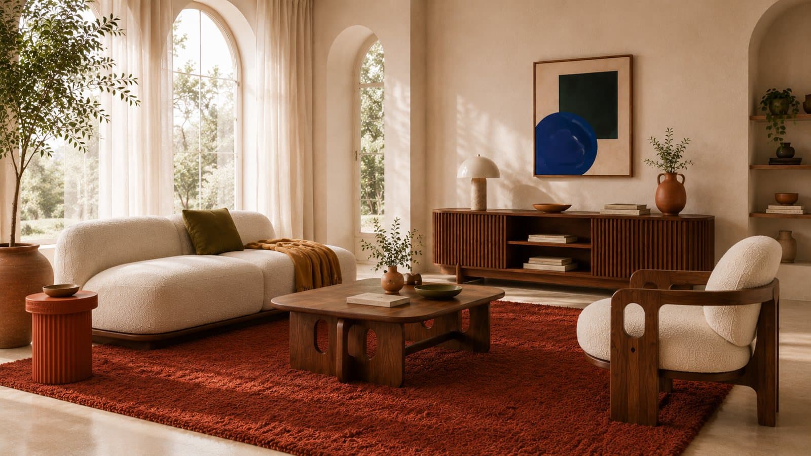 The Duna modular sofa in bouclé, low and soft-edged, in a sunlit living room