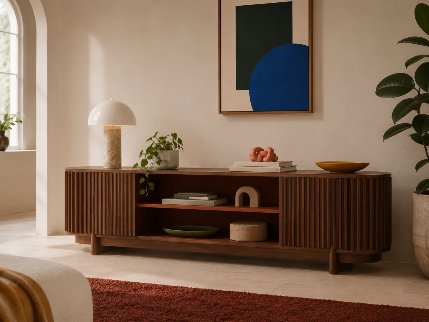 The Llano sideboard: a long fluted-walnut credenza below a cobalt canvas