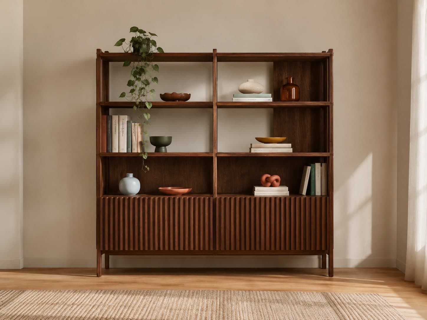 The Pilar shelf in fluted solid walnut, styled with books and ceramics