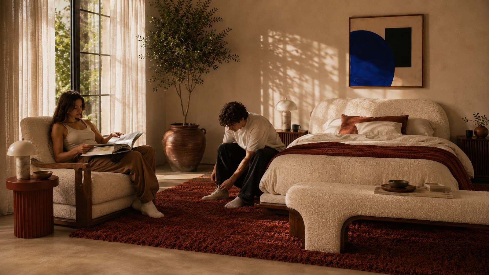 A woman reading on the Reposo bed in soft morning light